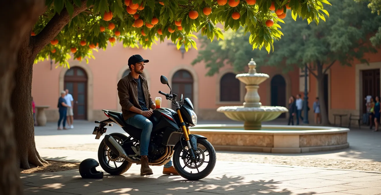 Motero descansando en una plaza de pueblo español durante la pausa del mediodía
