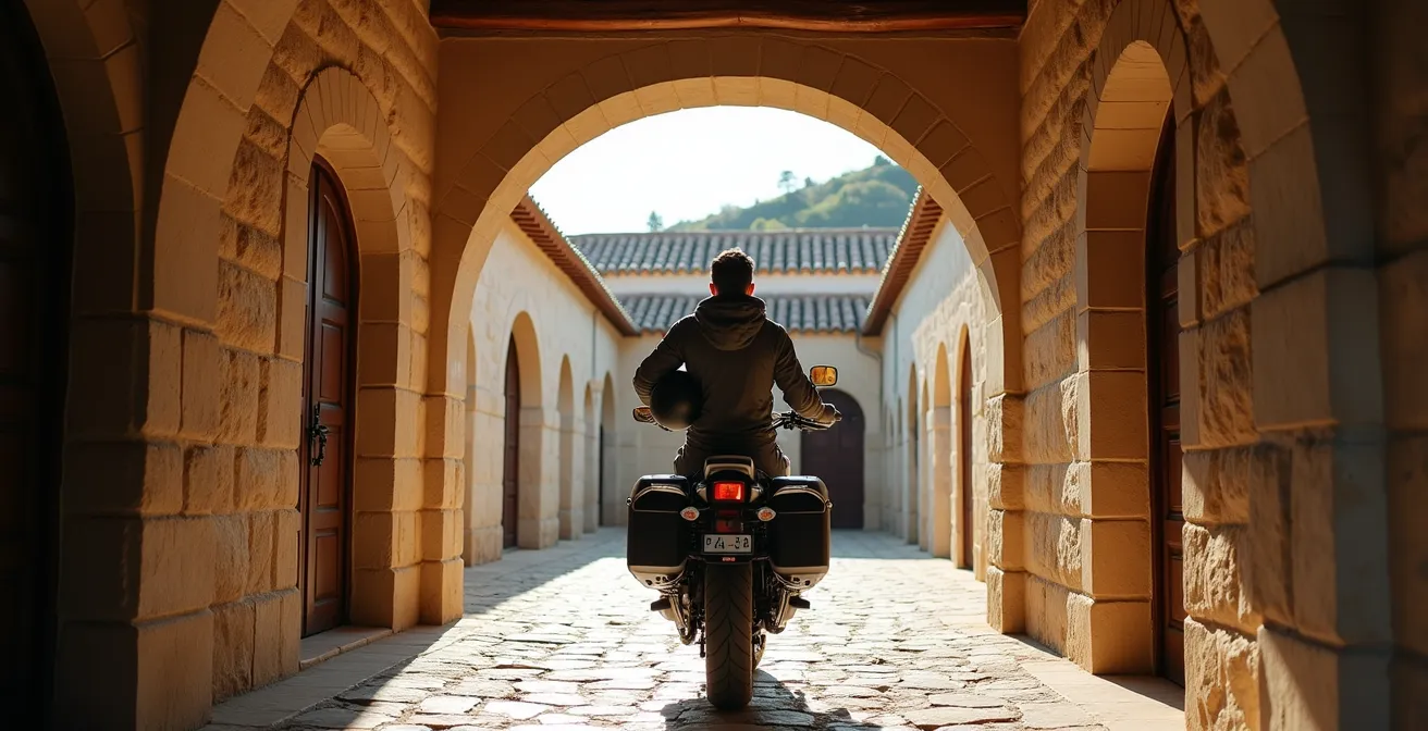 Patio empedrado de un parador histórico español con arcos de piedra y una moto de turismo estacionada