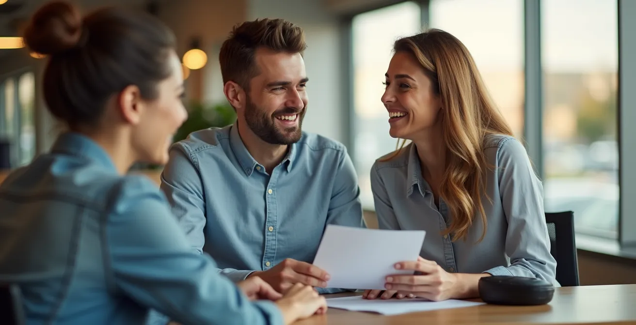 Dos personas revisando documentación de alquiler de moto en mostrador de agencia