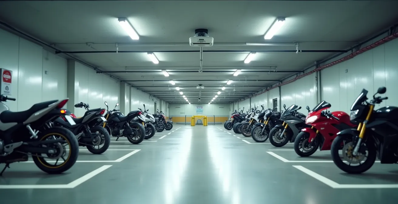 Interior de parking de hotel con sistema de vigilancia y plaza específica para motocicletas