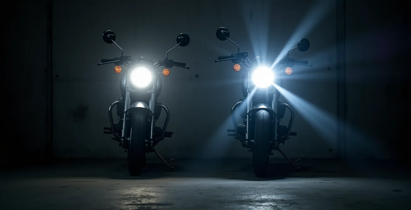 Comparación del patrón de luz entre LED y halógeno en faro de motocicleta