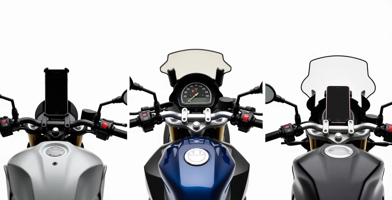 Comparativa visual de posiciones de montaje del soporte móvil en tres tipos de motos