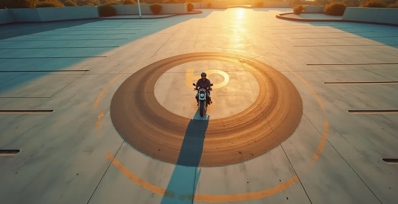 Motorista practicando figura en ocho en parking vacío con moto de alquiler