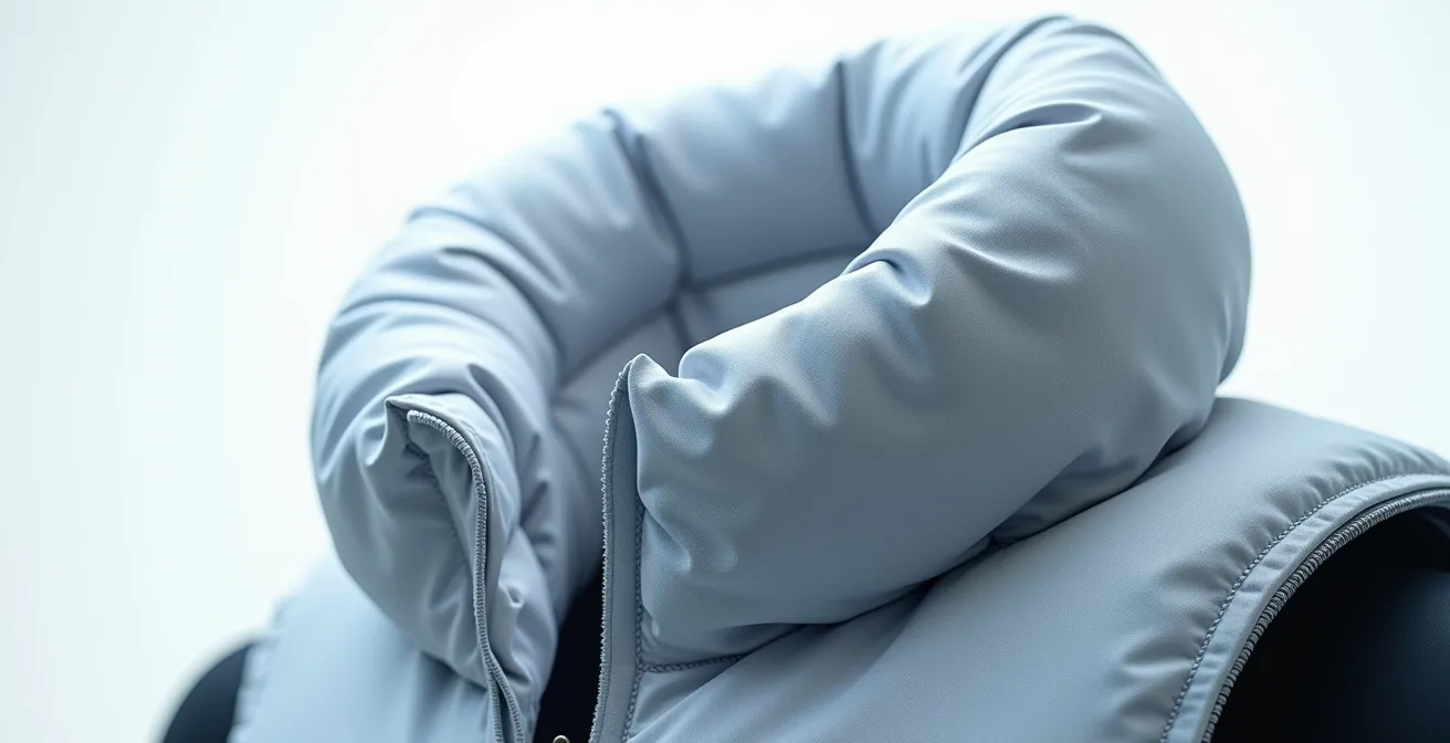 Vista lateral biomecánica del airbag inflado estabilizando cuello y casco