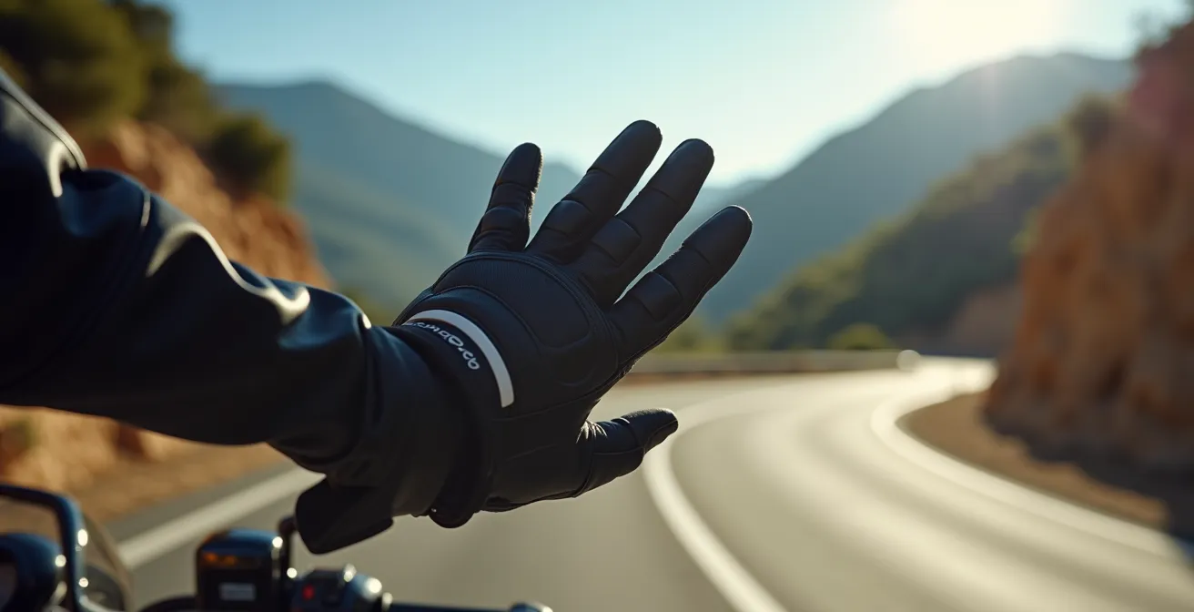 Motorista demostrando señal manual de precaución a grupo en carretera