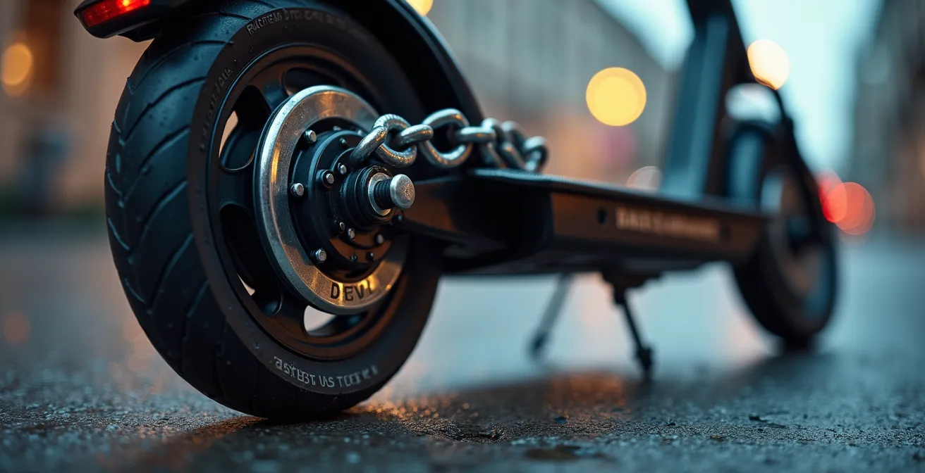 Vista macro de sistemas antirrobo en cadena instalados en maxiscooter