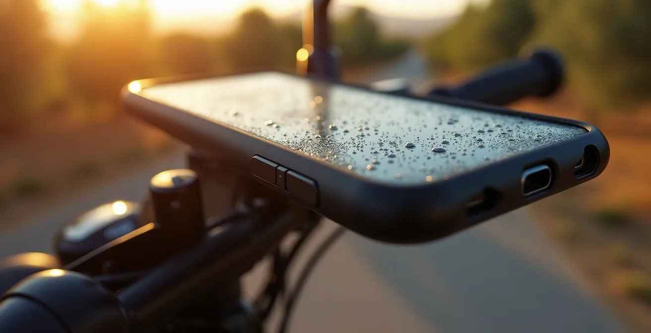 Smartphone montado en moto mostrando señales de sobrecalentamiento bajo el sol español