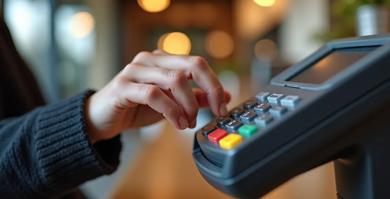Mano introduciendo PIN en terminal de pago para fianza de moto