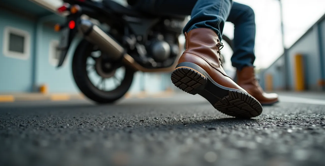 Motorista demostrando técnica de apoyo con un pie en moto trail alta