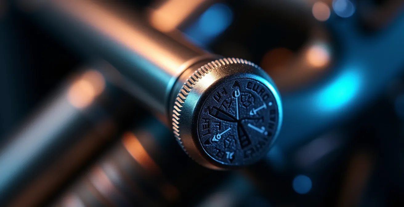 Vista macro del regulador de extensión en horquilla de moto trail