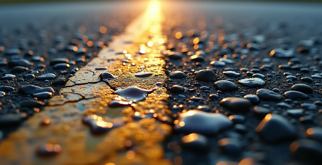 Detalle macro de una superficie de asfalto desgastado con diferentes texturas y brillos que revelan su estado.