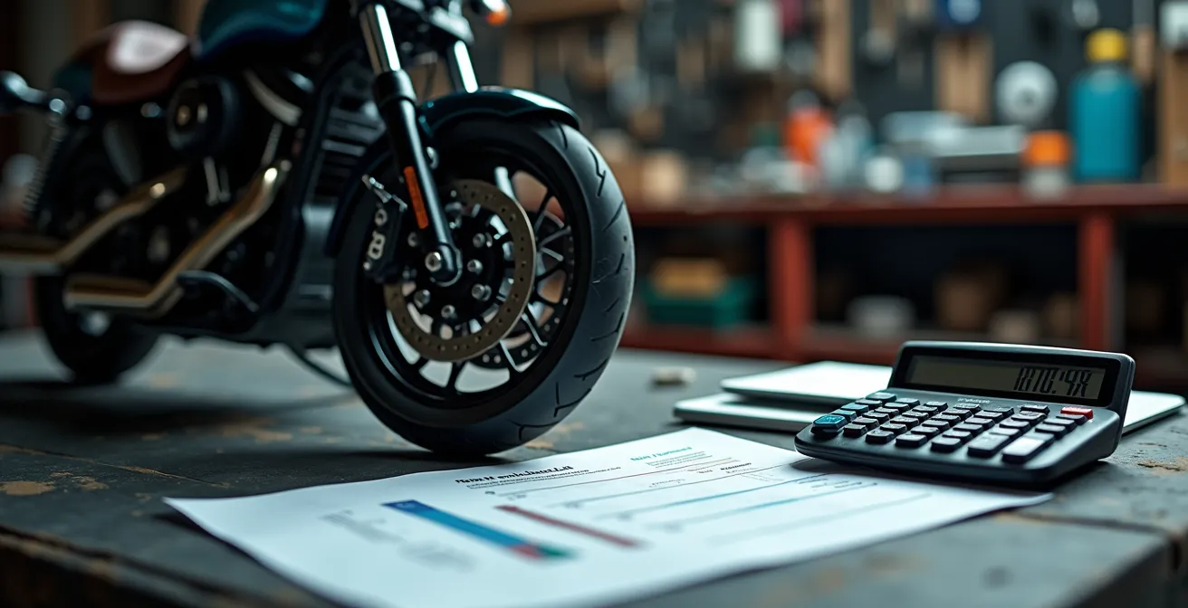 Moto accidentada junto a documentación y calculadora mostrando evaluación de daños